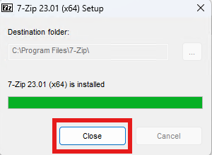 7-Zip installer with Close highlighted